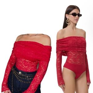AFRM Red Lace Off-Shoulder Bodysuit